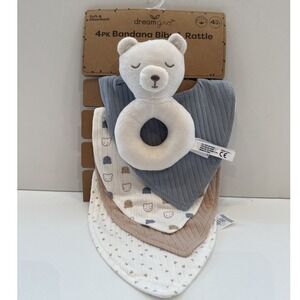 NWT Dream Gro‎ DreamGro Plush Bear Rattle and 4 Bandana Bibs Blue Tan Set